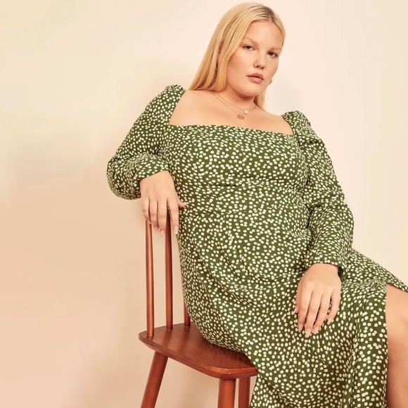 Reformation Sigmund Midi Dress in Green Moiret Print Size 14 - Picture 4 of 10